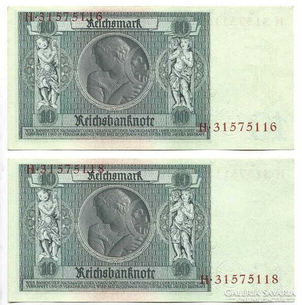 2 x 10 reichsmark 1929 Németország Vízjel A.Truer UNC sorszámkövető