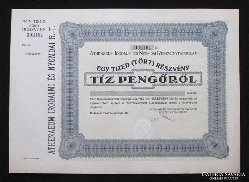 Athenaeum Irodalmi és Nyomdai Részvénytársulat részvény 10 pengő 1943 bianco