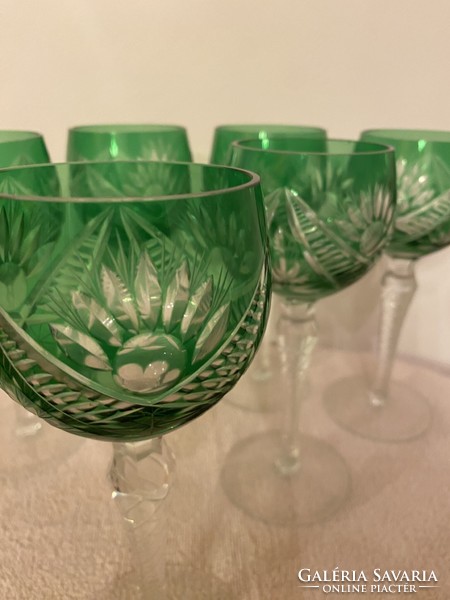 6 darabos kézzel metszett zöld ólomkristály talpas boros pohár készlet