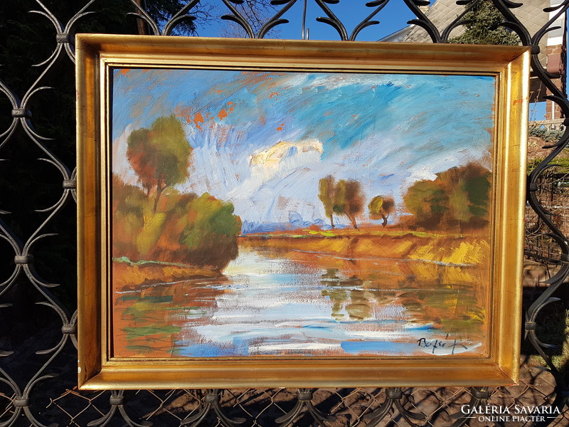 Bozsó János: Tiszapart, olaj, farost 60 x 80 cm, aranyos képkeret, festmény, tájkép