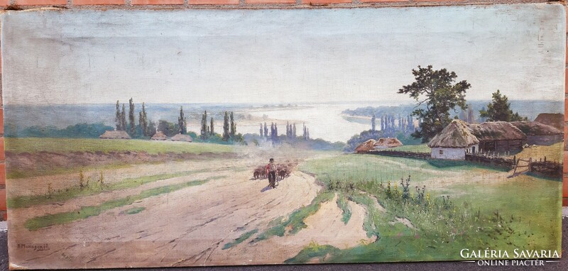 Austrian painter / Danube landscape with shepherd, 60x130cm!!!