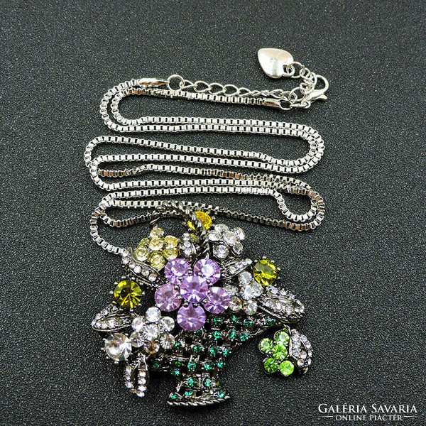 Brooch, pin bny22 - rhinestone green basket flowers with pendant necklace 55x55mm