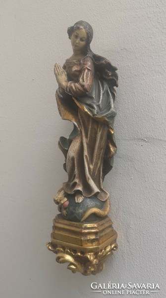 Madonna szobor konzollal, 1800-as évek - faragott, festett, késő barokk alkotás, Szűz Mária
