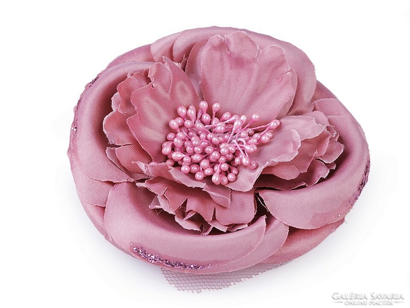 ESKÜVŐ BCS05 - Kitűző, bross, hajcsat - púder színű szatén virág, rózsa kb. 11cm