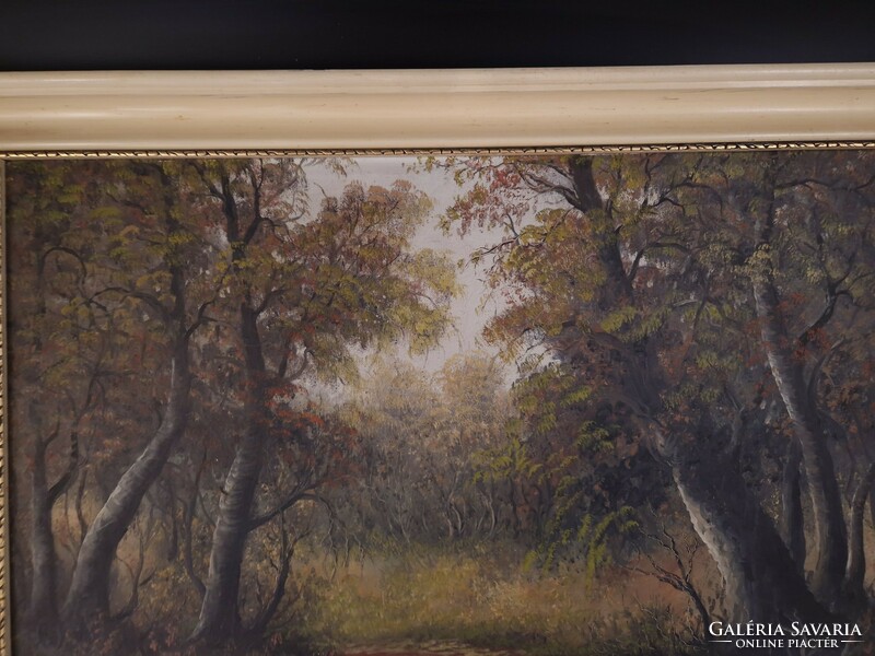 Kellemes hangulatú jelzett olaj vászon tájkép festmény patak erdő