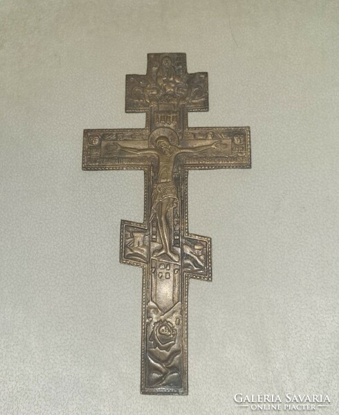 Cc. 100 Years Bronze Road Icon. Orthodox, Russian, Pravoslav double cross, crucifix, Jesus Christ