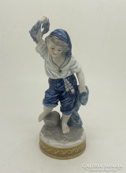 German volkstedt fishing boy figure blue white 15.5cm