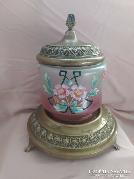 Antique glass sugar bowl with insert, beautiful hand-painted flower decor, flawless, 23x17 cm