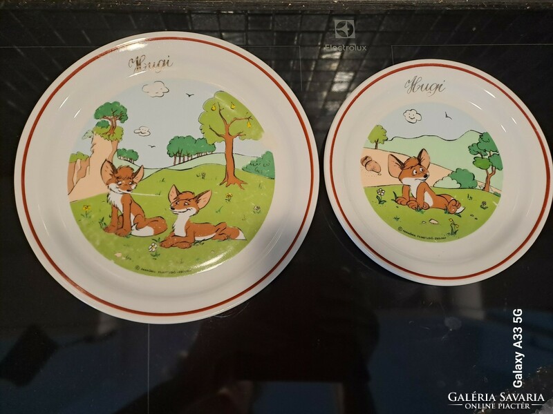 Zsolnay pannónia film studio vuk children's porcelain flat plate duo with hugi gold inscription