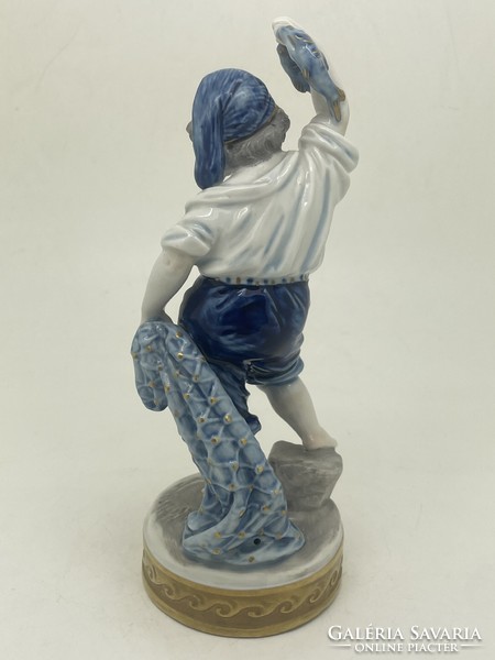 German volkstedt fishing boy figure blue white 15.5cm