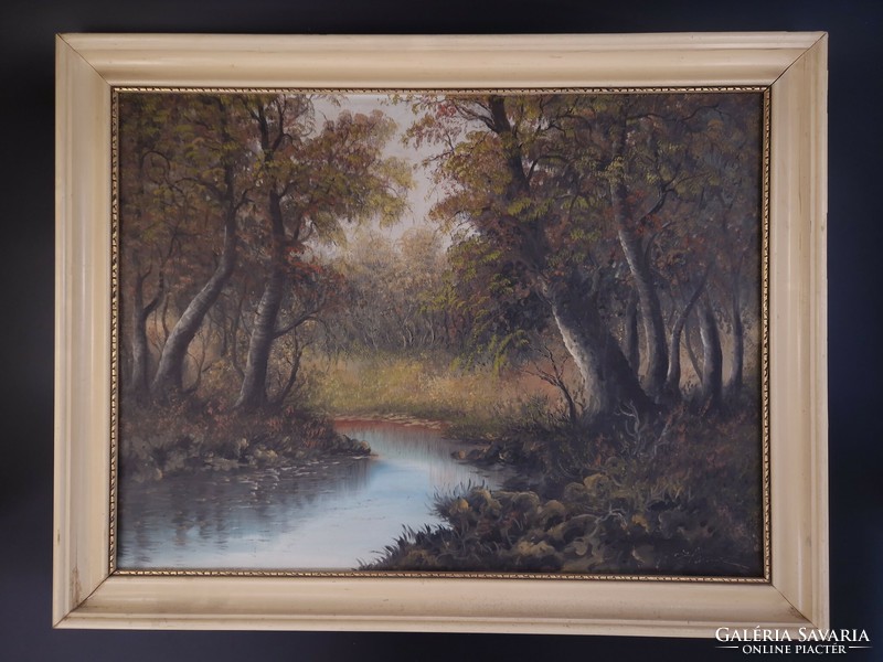 Kellemes hangulatú jelzett olaj vászon tájkép festmény patak erdő