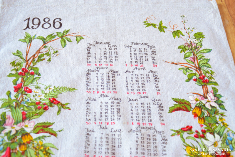 Régi Retro szőtt len terítő naptár 1986 ajándék ötlet 62 x 40