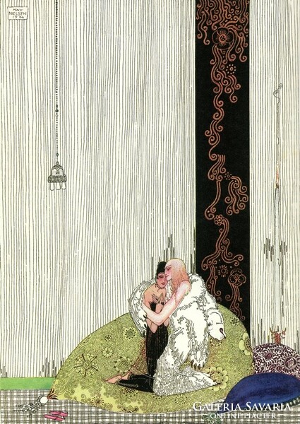 Északi népmese szecessziós illusztráció reprint nyomat 1914 Kay Nielsen A herceg fehér medve bőrében