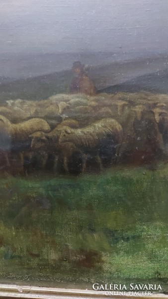 Antique painting shepherd with his flock in blonde frame