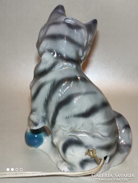 Antique old porcelain perfume lamp aroma lamp gray tabby cat figural scent lamp bedside lamp
