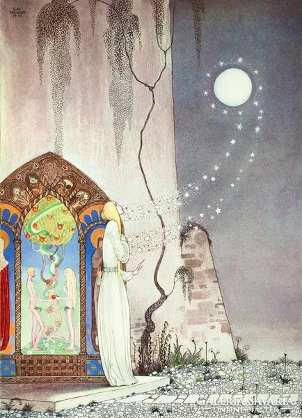 Északi népmese szecessziós illusztráció reprint nyomat 1914 Kay Nielsen lány telihold csillagok