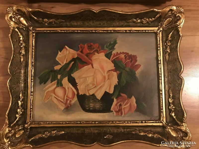 Antique oil on canvas still life in pair