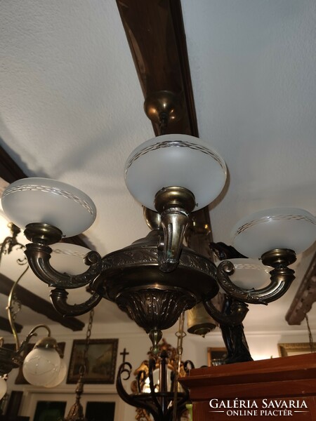 Antique solid copper chandelier with original polished shades from the 1930s. Its height is adjustable.