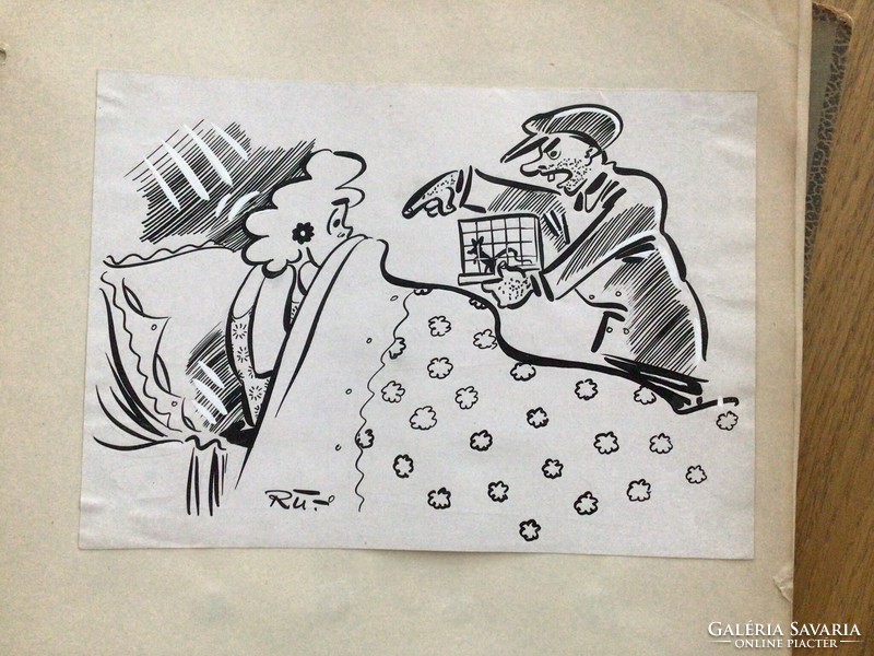 György Ruszkay's original caricature drawing in the free mouth sheet 15 x 21 cm