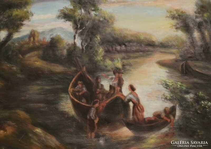 Csónakázók: antik olaj-vászon festmény a múlt század elejéről. Pankotai István