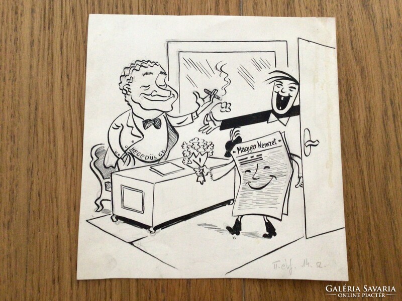 György Varna's original caricature drawing of the free mouth. For sheet 16.5 x 17.5 cm