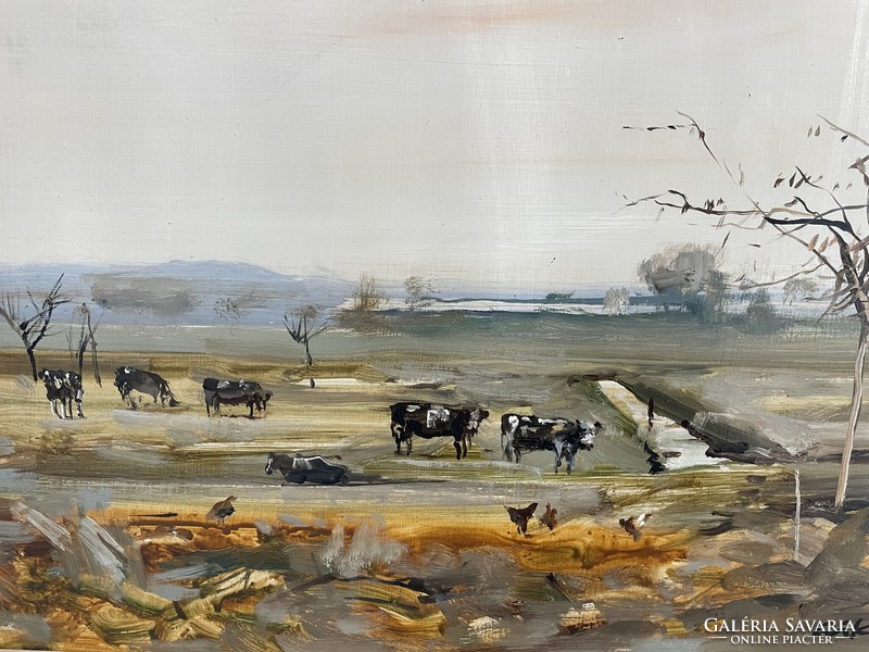 Csikós András tanyasi tájkép tehenekkel olajfestmény kép