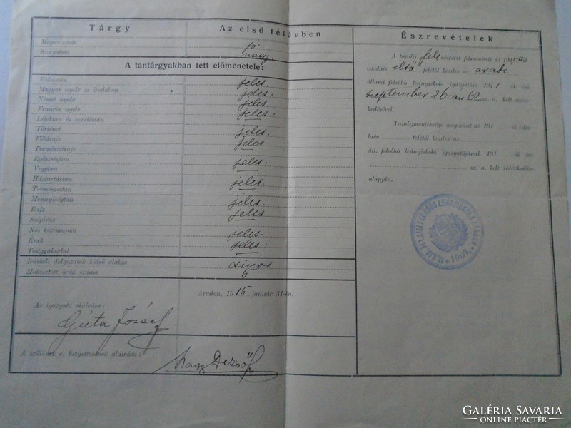 Za478.5 Notice - arad - state higher girls' school 1914-15 nagy skárna - miklószky blasovsné