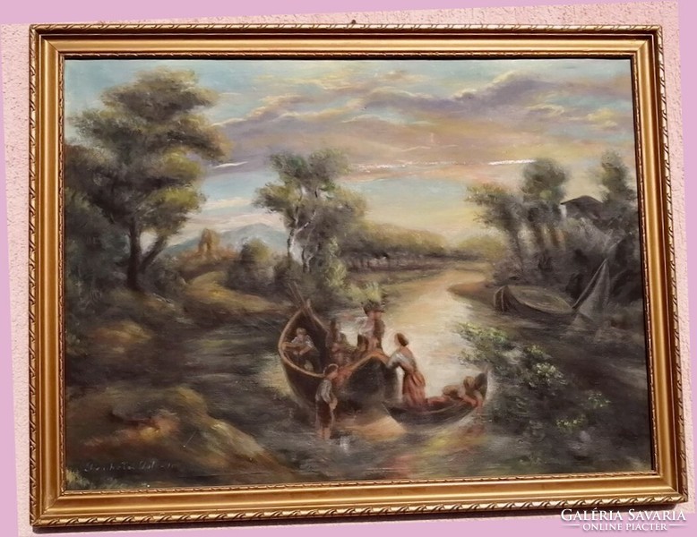 Boatmen: antique oil on canvas painting from the beginning of the last century. István Pankotai