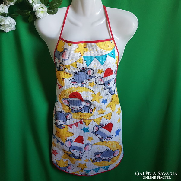 New, custom-made Christmas mouse patterned cotton kitchen apron with blue edge