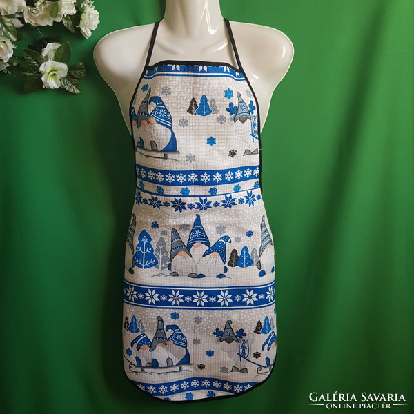 New, custom-made Christmas elf patterned cotton kitchen apron with black edge