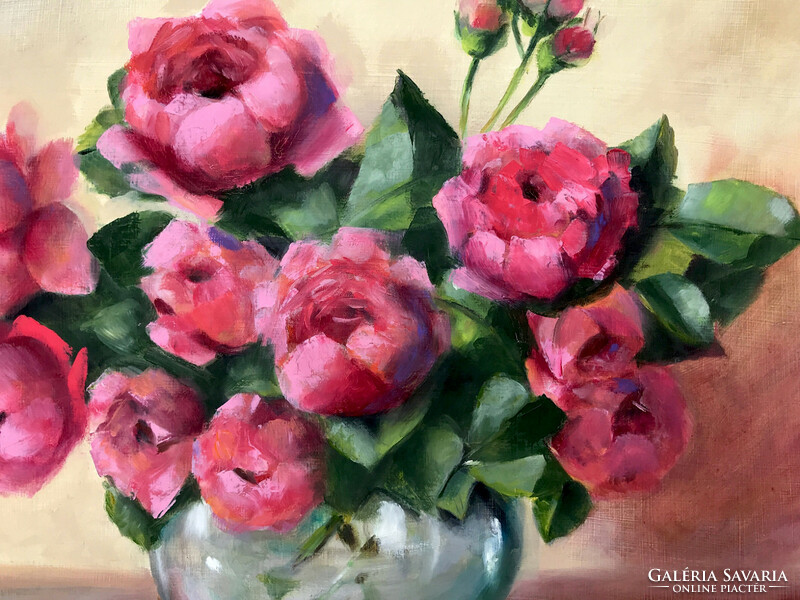Rózsák üvegvázában - olajfestmény - 40 x 50 cm