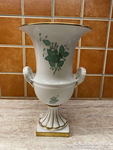 Herend green appony pattern vase with a base and handles, hand painted