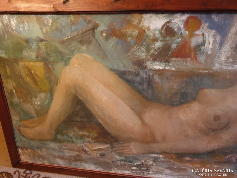 160x95cm oil on wood female nude painting by István Huszár for sale! Rarity!!!