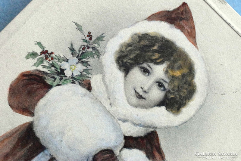 Antik Vienne stílusú , kézzel kifestett üdvözlő képeslap - kisleány téli ruhában