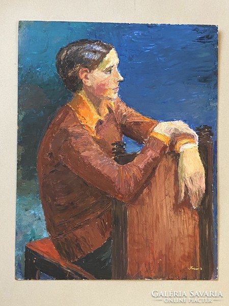 Huszár 1976 boy portrait retro oil wood fiber painting 50 x 64 cm
