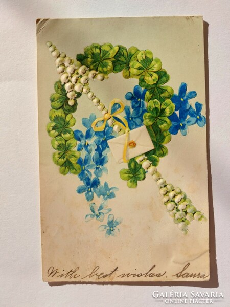 Régi képeslap dombornyomott levelezőlap lóhere gyöngyvirág nyíl