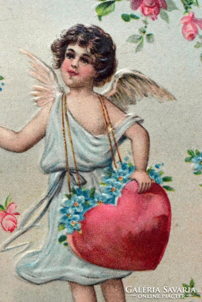 Antik dombornyomott üdvözlő képeslap - angyalka , szív  , nefelejcs