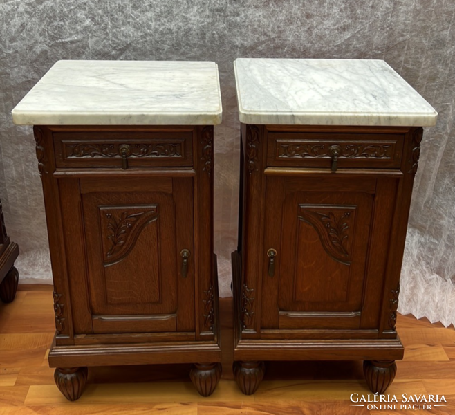 Antique carved oak chest of drawers with marble top