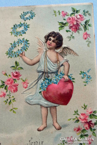 Antik dombornyomott üdvözlő képeslap - angyalka , szív  , nefelejcs