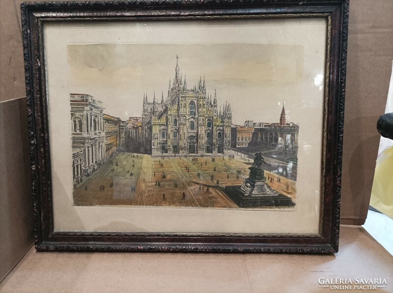 XIX. Century colored engraving, 23 x 33 cm, framed. Milan Cathedral
