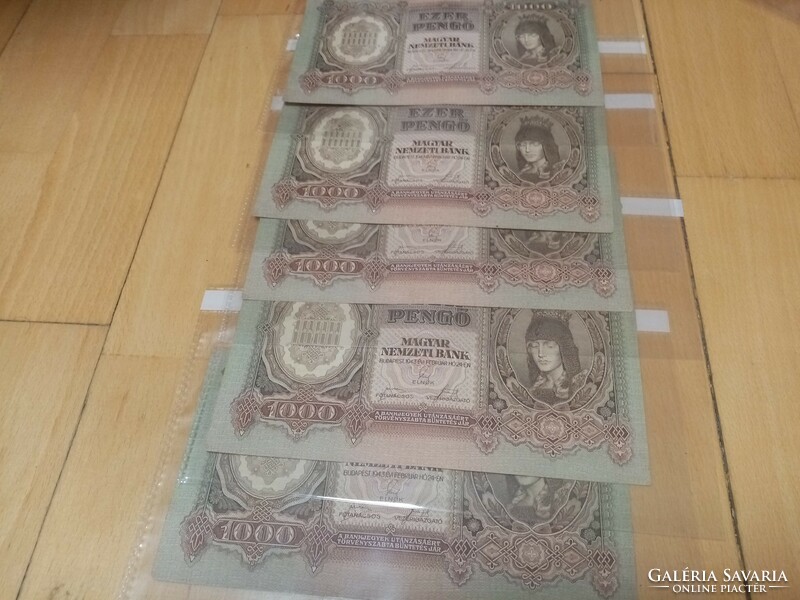 5 db sorszámkövető 1000 pengő, 1943.02.24. veszprémi sorból  Tartásfok : ﻿aUnc  ﻿Ajánlatot várok.