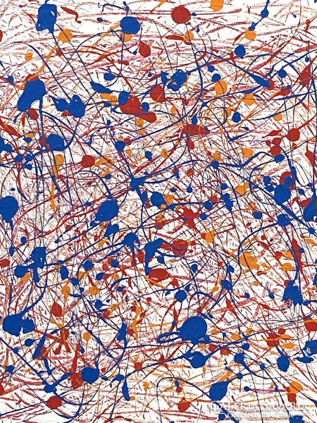 A rectangular modern painting with squiggles on a white background