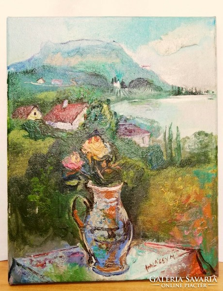 Mária Halácsy: rose still life with a mountain village in the background. Modern painting