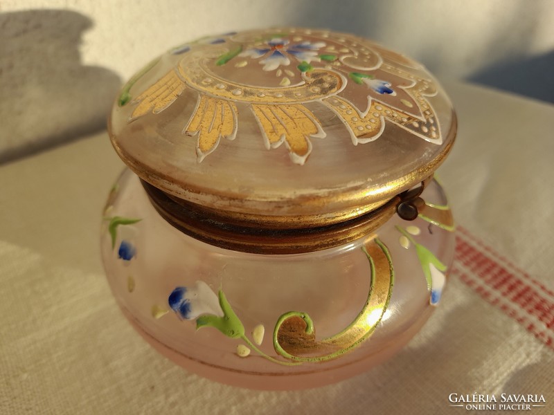 Blown glass enamel painted antique powder holder v. Covered jewelry box