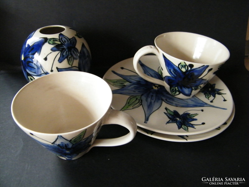 Unique, handmade, painted blue floral ceramic mugs, bowls, vase set for 2