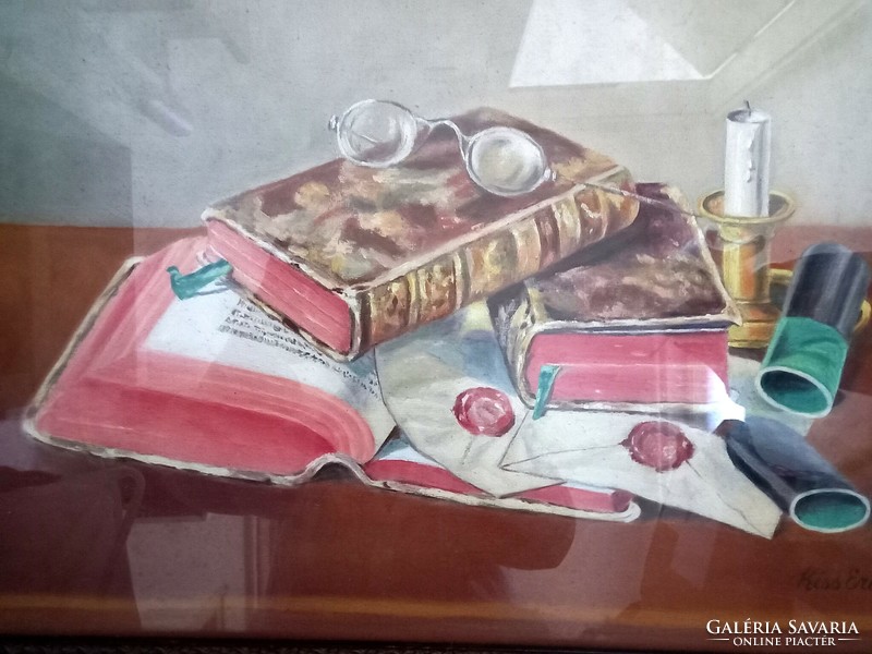 Csendélet könyvekkel. Kiss Ernő 1957-ben festett forradalmi csendélete. A kép tanúsítványt kap.