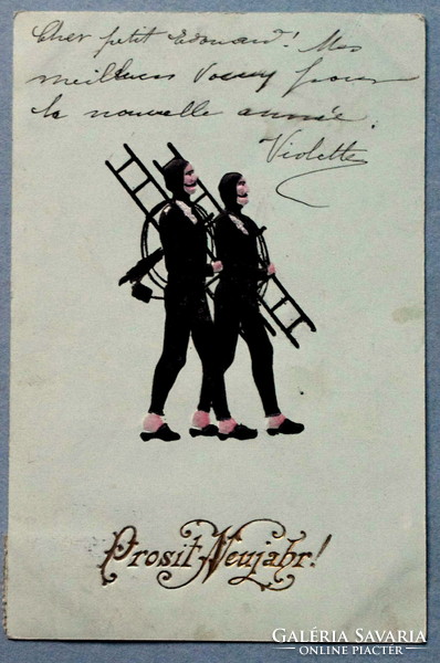 Antik dombornyomott Újévi üdvözlő képeslap 1899ben feladva 1900ban továbbítva - kéményseprők