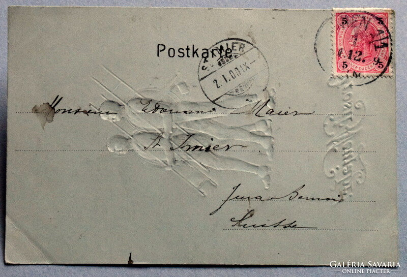 Antik dombornyomott Újévi üdvözlő képeslap 1899ben feladva 1900ban továbbítva - kéményseprők