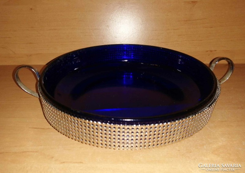 Kék üveg tál fém tartóban - átm. 20 cm (6p)