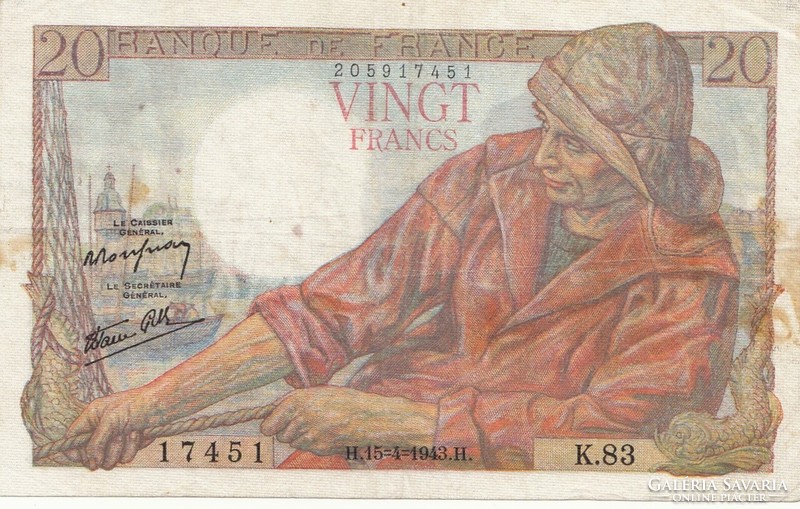 Francia 20 francs 1943 H  . Posta van , olvass !